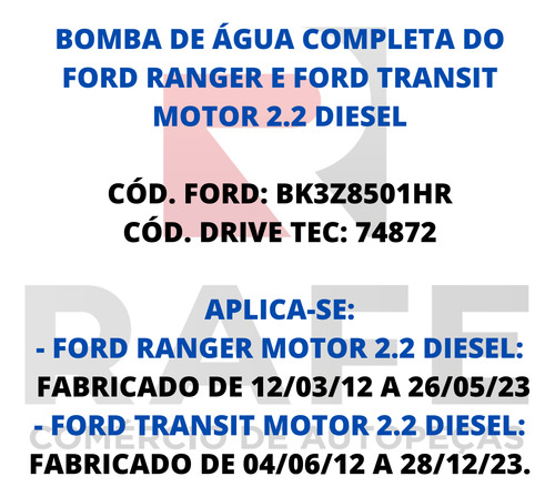 Bomba De Água Completa Da Ford Ranger 2.2l E Transit 2.2l