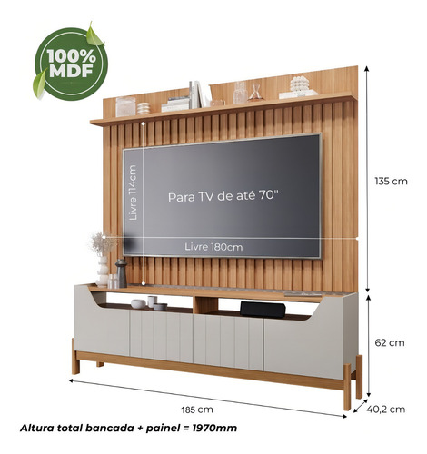 Rack Com Painel Ripado Para Tv Até 70 Polegadas 180cm Moema 4 Portas Off White Nature Permobili
