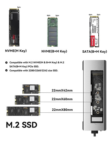 8 En 1 Usb C Hub Con M.2 Nvme/sata Ssd Recint