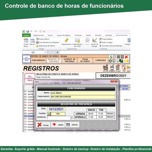 Planilha De Controle De Banco De Horas - Folha De Ponto
