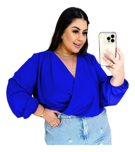 Blusa Feminina Cropped Manga Longa Bufante Solta Plus Size