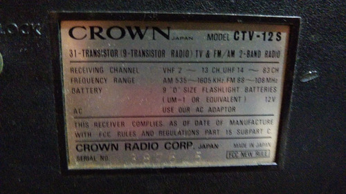 Radio Tv Crown All Transistor Tv - Radio Fm Am Japan (Usado)