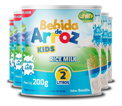 Kit 5 Bebida De Arroz Sem Lactose Kids Unilife 200g Sabor Sem Sabor