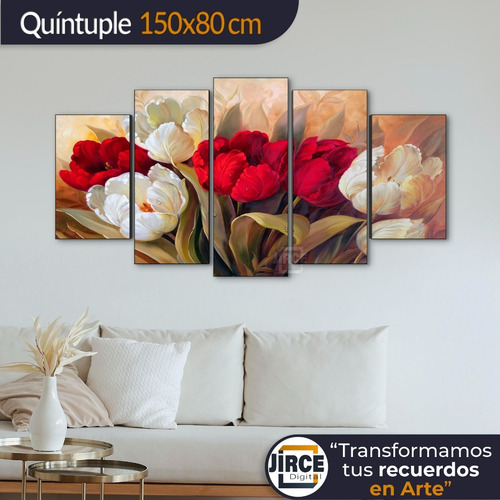 Cuadro Decorativo Moderno Tulipanes Pintura Jd-0096 Xl Quíntuple 150x80 Cm Sin Marco