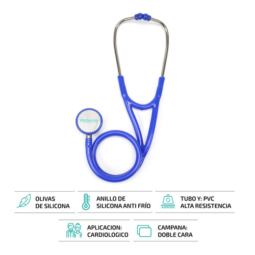 Imagen 3 de 9 de Estetoscopio Cardiologico Femmto Profesional Doble Campana Color Azul