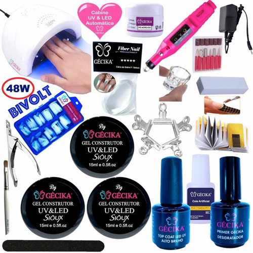 Kit Unha Acrigel Gécika Fibra Vidro Seda Mini Lixa Cabine