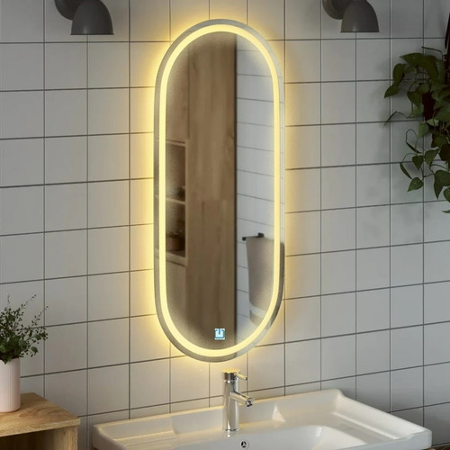 Espelho Jateado Oval Iluminado Com Led Touch Screen 100x50cm Moldura Branco Quente 3000k