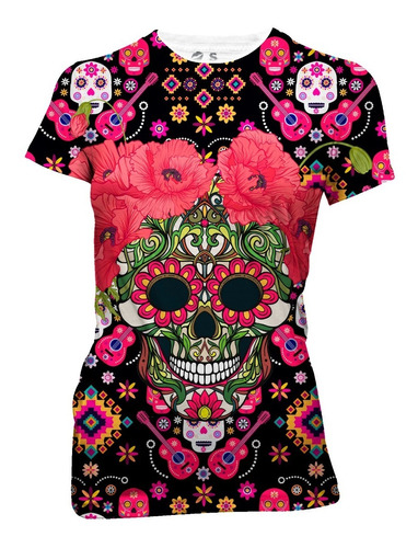 Playera Full Print Catrina Tulipanes Rosa Tocado Calavera 23