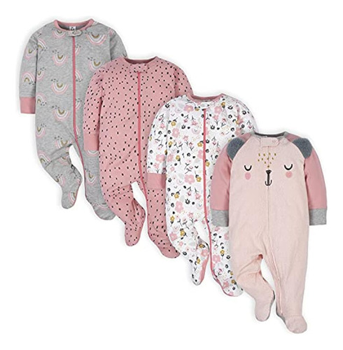 Gerber Baby Girls' 4 Pack Sleep 'n Play Footie, Bear Pink, 0