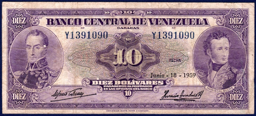 Billete 10 Bolívares Y7 Junio 18 1959 Bolívar Y Sucre