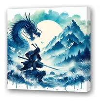 Comprar Cuadro 30x30cm Samurai Dragon Pelea Epica Acuarela