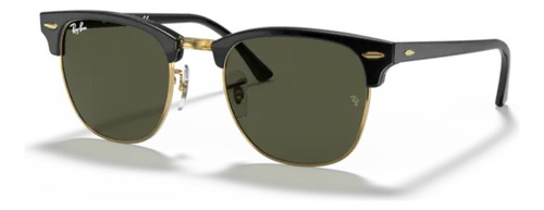 Gafas de sol, Ray-ban, Clubmaster, Rb3016 W0365 55, color negro sobre varilla dorada, color negro sobre dorado, lente, color verde, diseño cuadrado