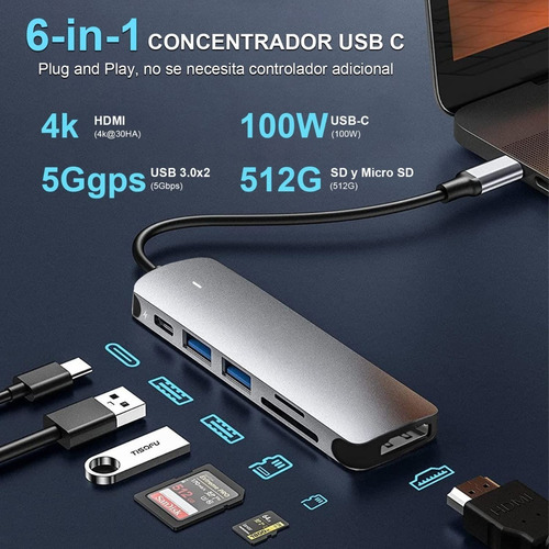 Imagen 3 de 9 de Hub Adaptador Usb3.0 Tipo C 6 En 1 Hdmi Para Macbook Windows
