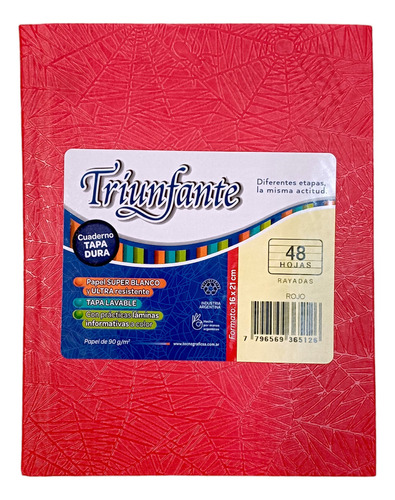 Cuaderno Escolar Triunfante 16x21 Tapa Dura X 50 Hjs Rayadas Color Rojo