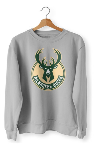 Buzo Nba Cuello Redondo Milwaukee Bucks Logo Completo Gris