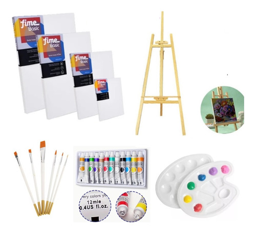 Set De Atril 150cm Pintura Arte Acrílico Kit Bastidor 12 Pcs