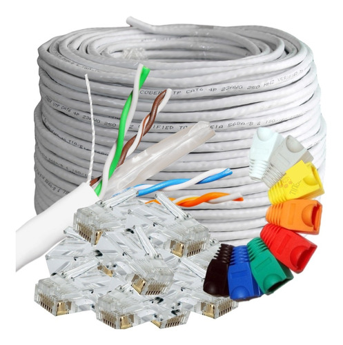 50 Mt Cable Premium Utp Cat 6 +20 Plug Baño Oro 3u +20 Botas