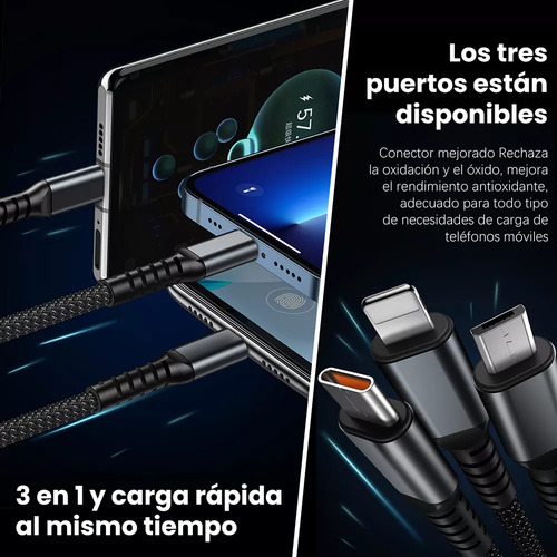 Cable Usb Datos Carga Rápida 3en1 Para iPhone Tipo C Micro