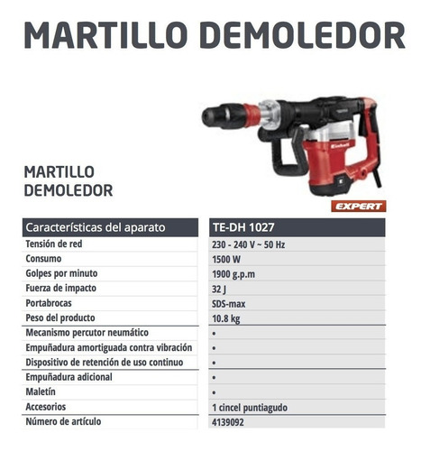 Martillo Demoledor Einhell Te Dh 1027 +cincel+mal, 1500 Wats