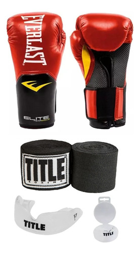 Kit Boxe Muay Thai Everlast Verm + Bandagem 3 + Bucal Title