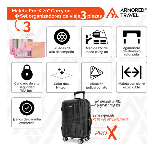 Maleta De Mano Carry-on 20 Cabina 10 Kg Pro-x Negro Dark Aleación Policarbonato Cierre Expandible Impresión Dual Candado Alta Seguridad Tsa Lock Con Set 3 Piezas Organizador Viaje Rosa Armored Travel