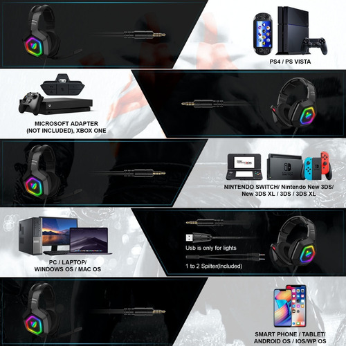 Audífono gamer Onikuma K10 negro con luz rgb LED
