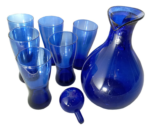 Jarra De Vidrio Azul + Vasos Azules X 6 Unidades 