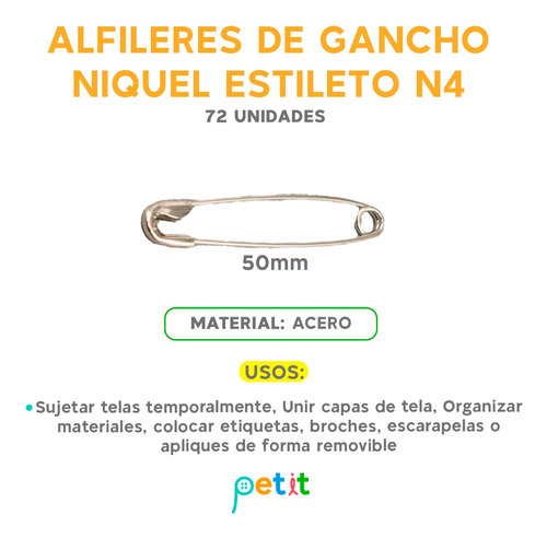 Alfileres De Gancho Niquel Estileto N4 50mm X 72 U. Premium Único