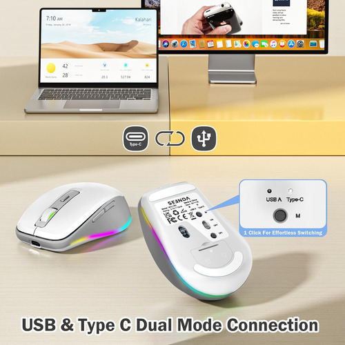 Mouse Inalambrico, Usb-c, Jiggler, Rgb, Blanco