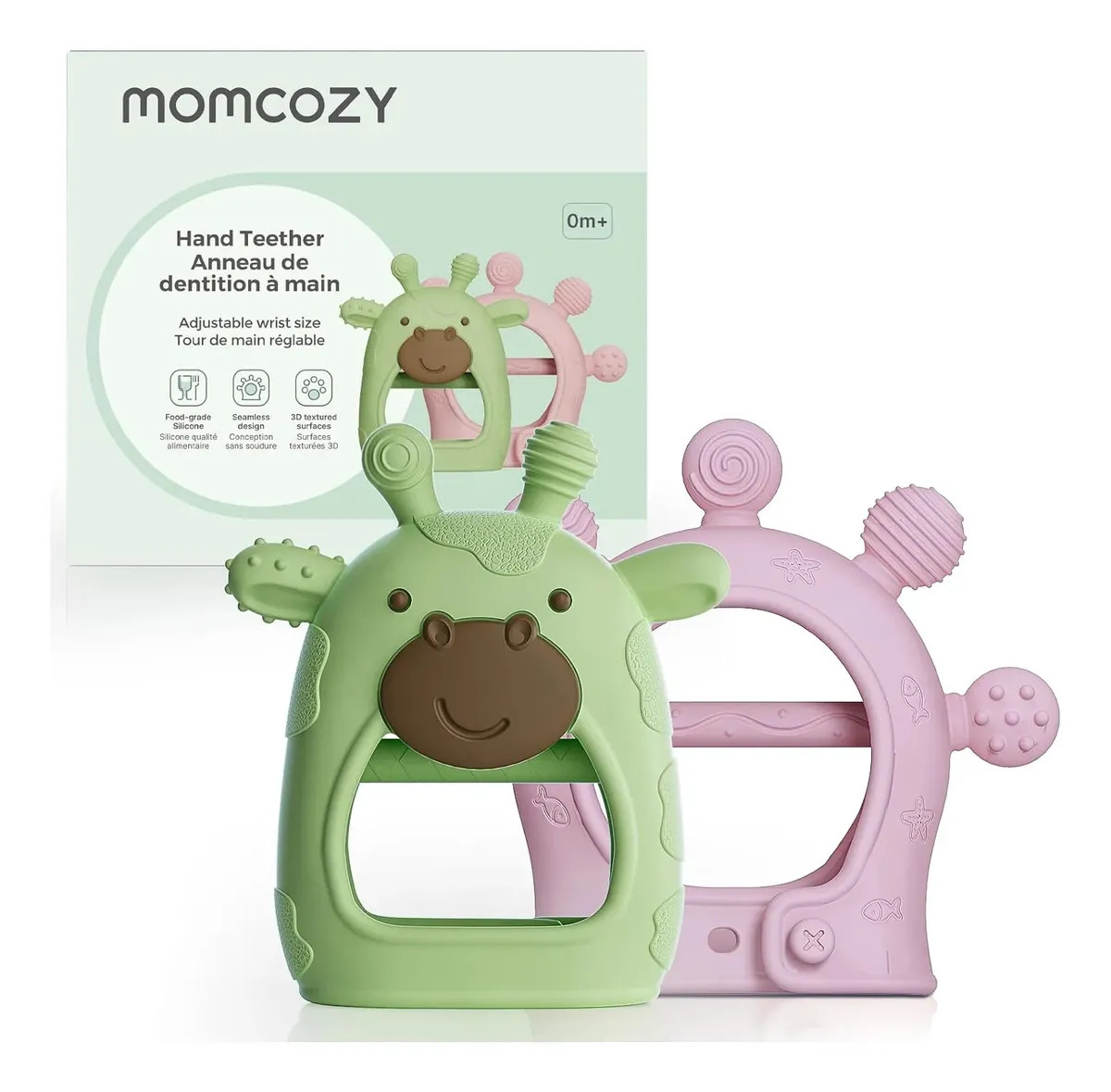 Momcozy 2pzs Silicona Mordedores Para Bebés 0 A 12 Meses Color Verde Green and pink