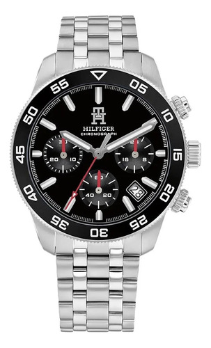 Reloj Tommy Hilfiger Th85 Cronografo 1792156 Acero Hombre Malla Plateado Bisel Negro Fondo Negro