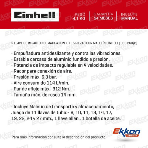 Imagen 3 de 8 de Llave Impacto Neumatica Einhell 1/2 PuLG Kit 15 Accesorios
