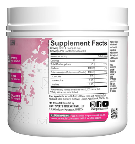 Giant Sports Performance Bcaas Aminos 2:1:1 495g | 60 Srv |