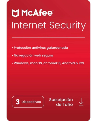 Antivirus Mcafee Internet Security 2024  - 3 Dispo -  1 Año 