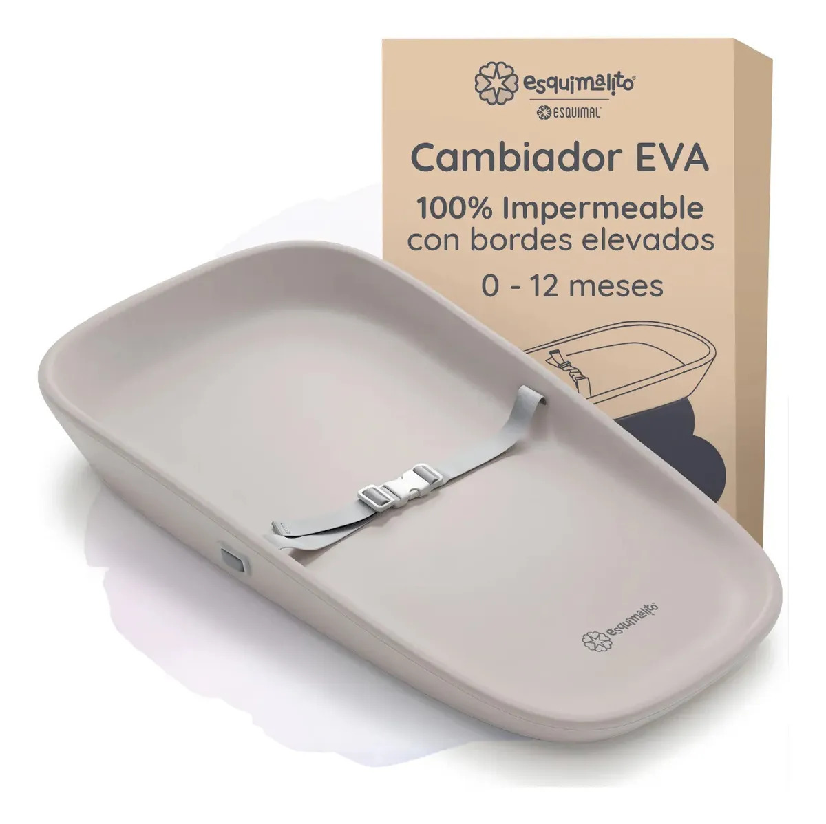 Cambiador Para Bebé impermeable Esquimalito De Espuma EVA, Portátil, Ergonómico, Con Bordes Altos y Correas De Seguridad Ajustables Gris