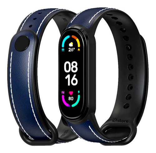 Correa De Cuero Compatible Xiaomi Mi Band 5 Y 6 Azul M/negro