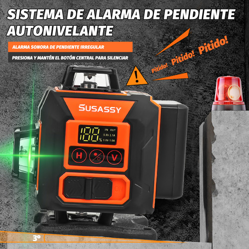 Nivel Láser 4x360 16 Líneas 4D Nivelador Autonivelante cruzada verde para construcción y colgar cuadros, SUSASSY SHMXF125OR batería recargable, mando a distancia, soporte giratorio magnético incluido