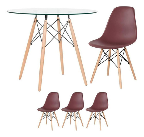 Kit Mesa Eames Wood 90 Cm Tampo Vidro E 3 Cadeiras Dsw Tampa Marrom