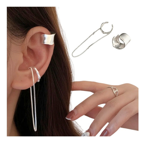 Aretes Plata 925 Mujer Ear Cuff Solitario Set Ear Cuff Reina