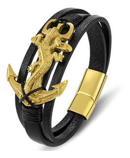 Pulsera Hombre De Cuero Acero Ancla Marina Iguana Color Oro