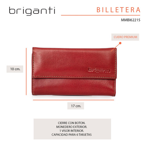 Billetera Mujer Cuero Tarjetero Largo Clasico Liso Briganti Rojo Lisa