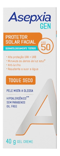 Protetor Solar Facial Asepxia Gen Fps 50 40g