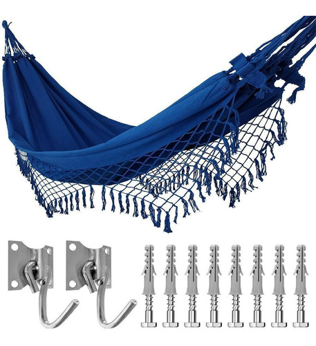 Kit Rede Dormir Casal Azul Royal + Ganchos Costura Reforçada