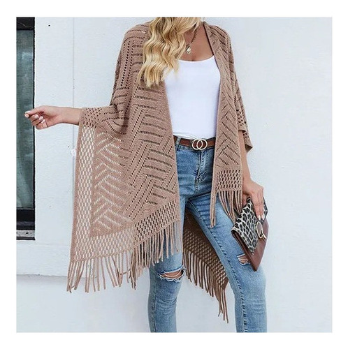 Suéter De Mujer Cárdigan Hueco Chal Borla Bufanda Top Color Caqui