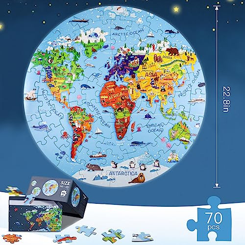 World Map Jigsaw Puzzle For Kids 4-8, 70 Piece Globe La...