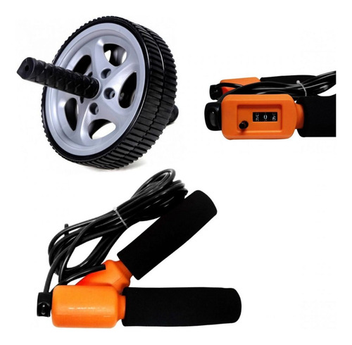 Kit Roda De Exercícios Abdominal + Corda Pular Com Contador