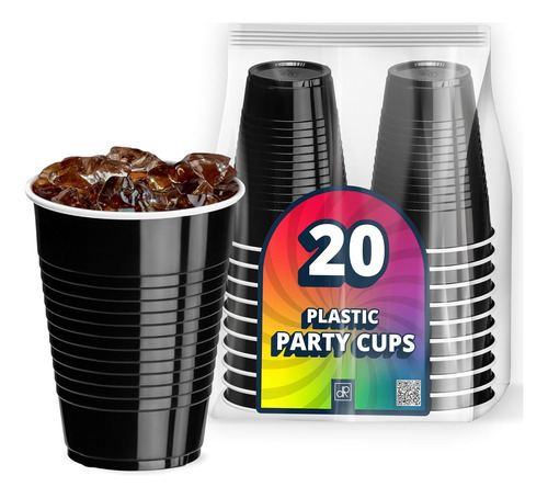 Vasos De Plástico Desechables 12 Oz Negros Para Fiesta 20 Un