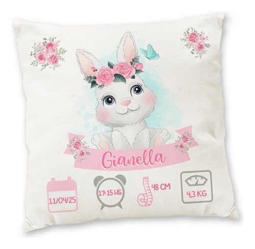 Almohadón Personalizado Datos Del Nacimiento Bebe Bautismo Blanco Conejo Rosas