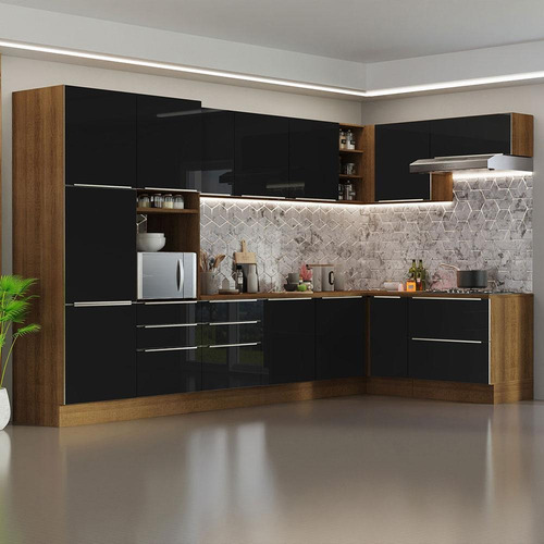 Armário De Cozinha Completa De Canto 546cm Rp Lux Madesa 05 Cor Rustic/Preto