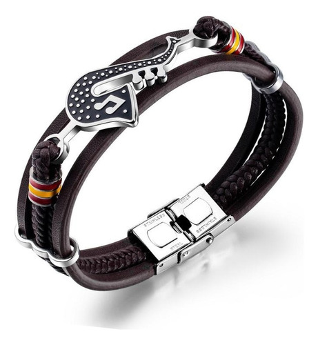 Elegante Pulsera Cuero Acero Inoxidable Saxofón Hombre B223